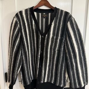 Beams Striped Black and White Fleece Cardigan